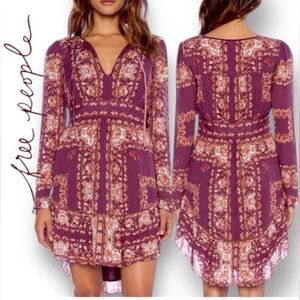 Free People Bridgette Floral Long Sleeve Flowy Mini Dress Berry LG -Taylor Swift